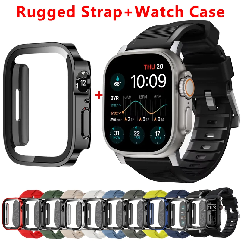 Robustes Armband für Apple Watch 44 mm Band 49 mm 49 mm 45 mm Fluorkautschuk-Armband + Warch Case iWatch Serie 4/5/6/7/8/9/Ultra 2