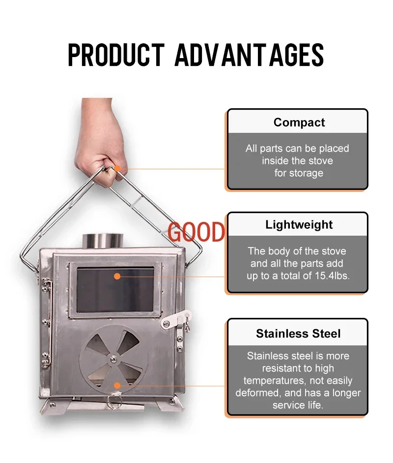 New Design  Light Stainless Steel Burning Family Portable Stove Outdoor Camping Wood Stove