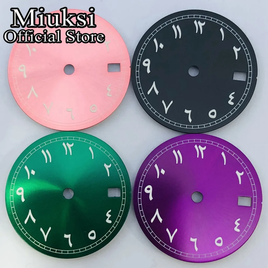 Miuksi 29mm black blue green purple sterile watch dial luminous fit NH35 movement fit 3 o'clock crown 3.8 o'clock crown