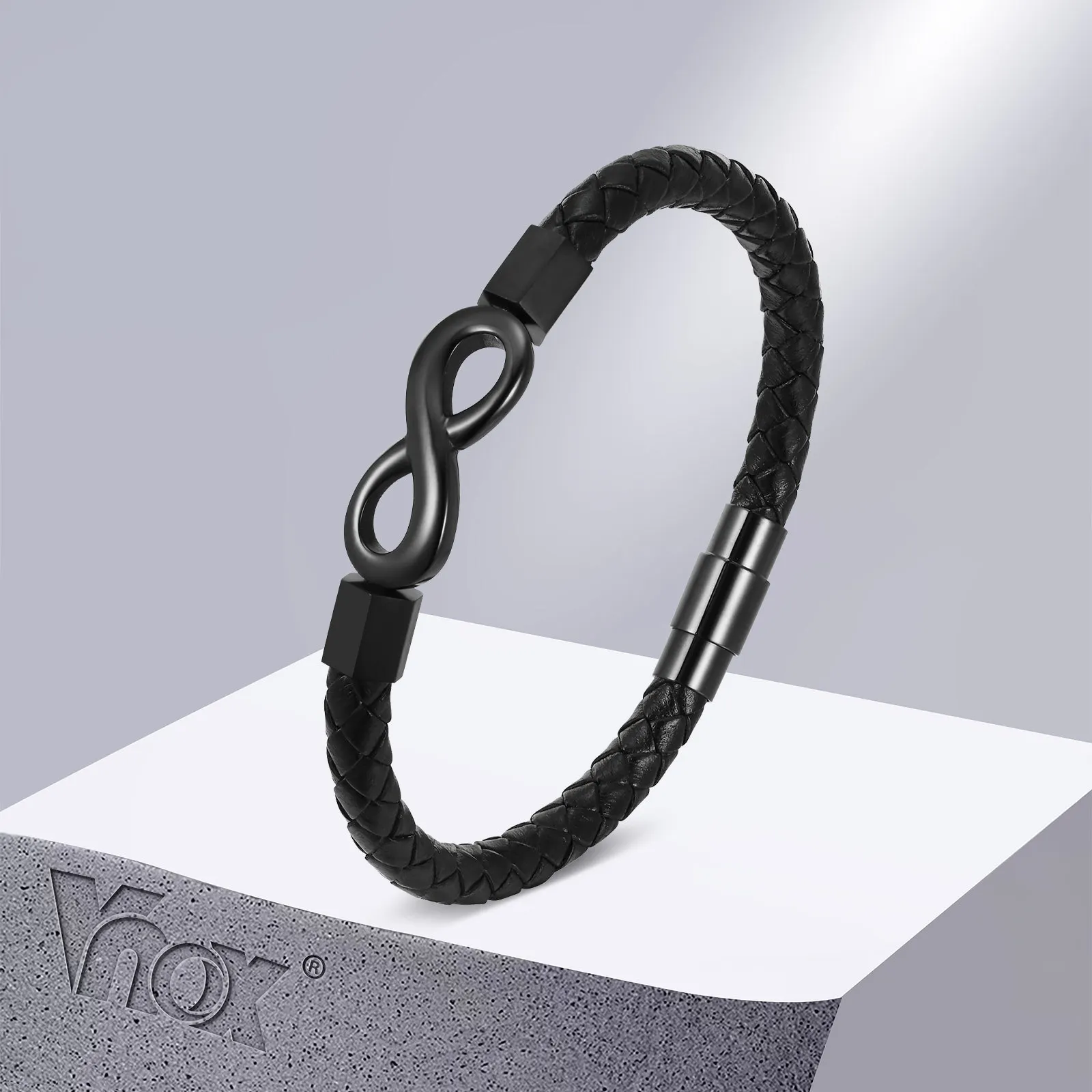 

Vnox Love Infinity Charm Bracelets for Women Men, Promise Gift to Her/Him, Black Braided PU Leather Bangle, Valentine's Day Gift