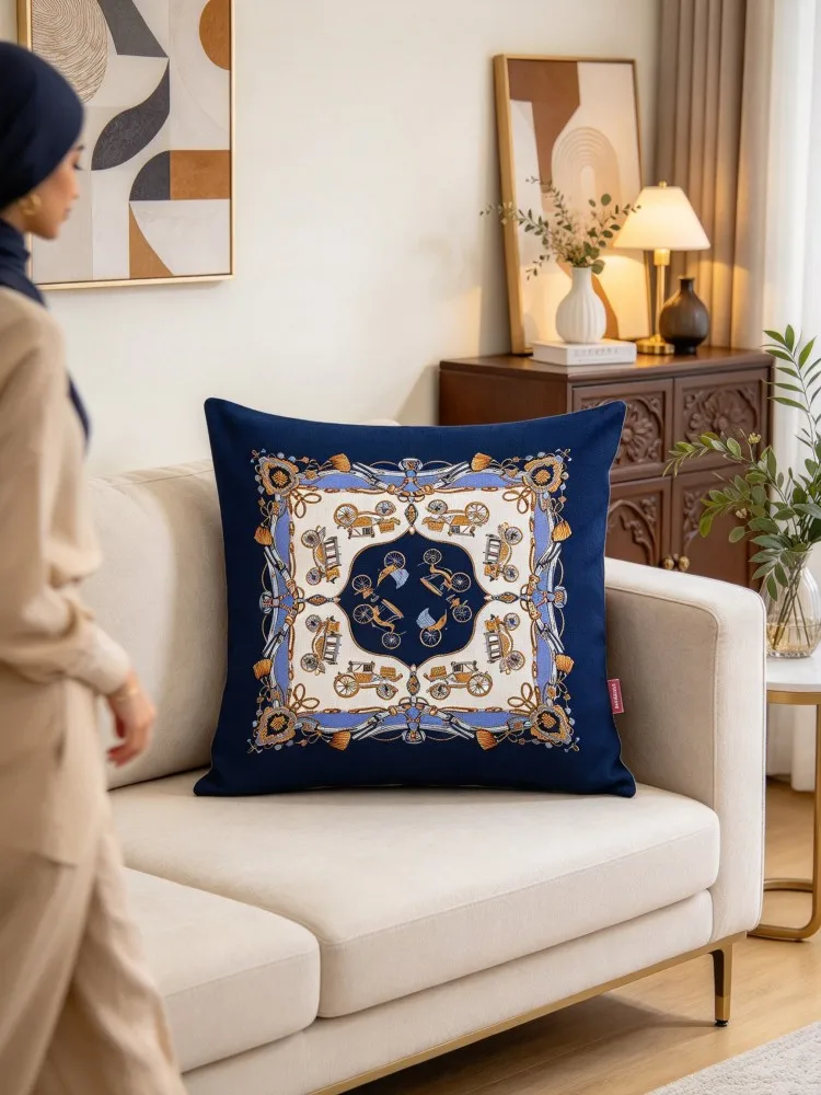 VIKAMA New Blue Gold Pillow Cover Luxury Carriage Pattern Soft Cushion Case for Muslim Style Sofa Balcony Sunroom Bedroom Living