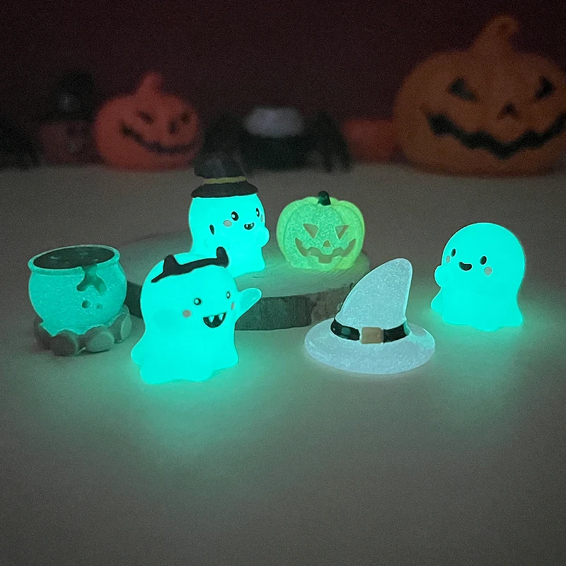 6pcs Halloween Mini Luminous Micro Landscape Miniatures Ghost Pumpkin Bat Witch Ornaments Home Garden DIY Kit Resin Decorations