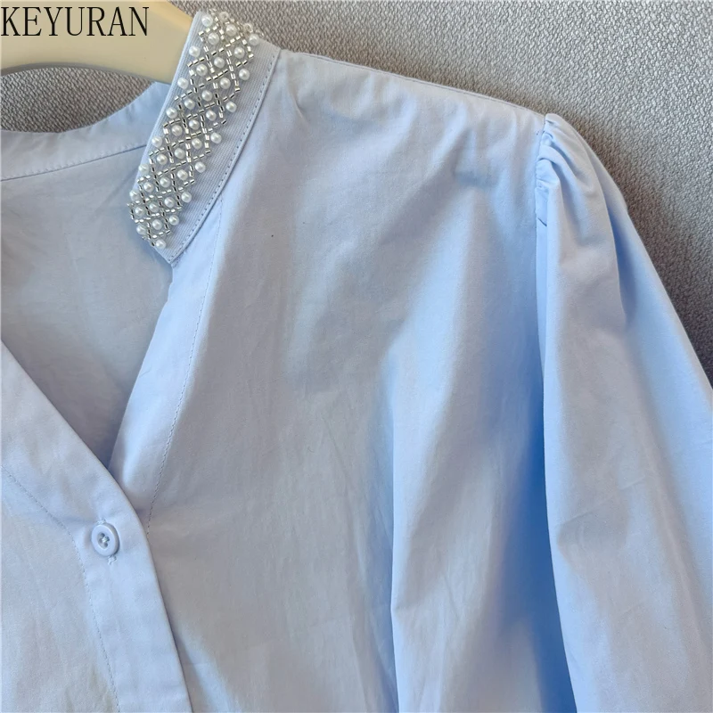 Camicie e camicette a maniche lunghe con scollo a V con perline primavera autunno Top da donna Moda coreana Vintage Solid Elegante Blusas Mujer Camisas