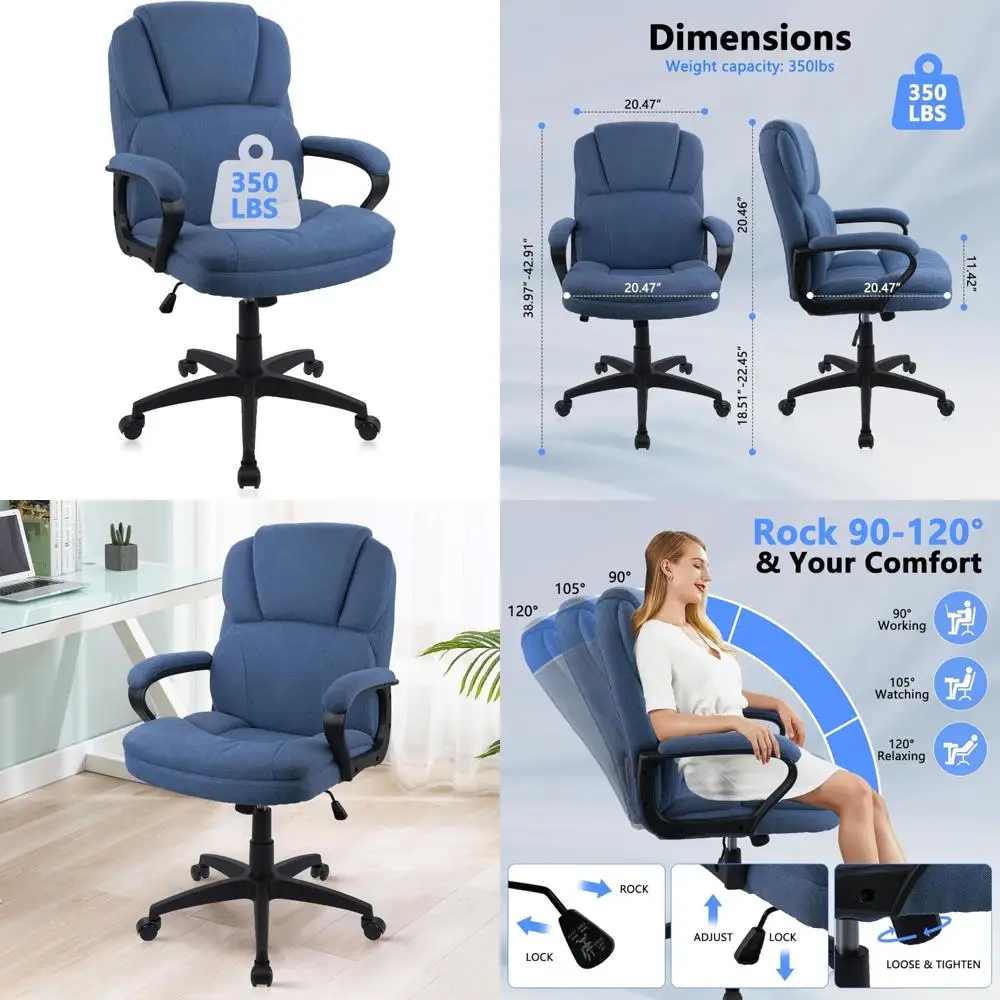 كرسي مكتب من القماش بارتفاع قابل للتعديل مع مساند للذراعين مبطنة، كرسي مكتب دوار للاستخدام التنفيذي، مريح مع