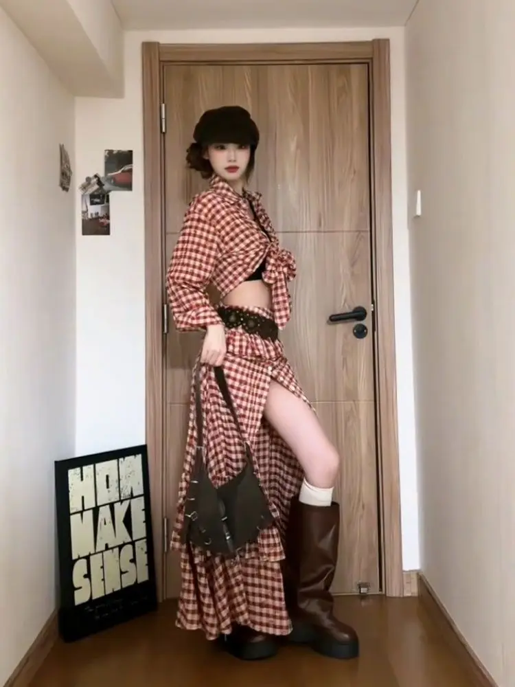 2000s Aesthetic Elegant 2 Piece Sets Women Y2k Plaid Design Tops + Slim midi Skirt Femal Harajuku Chic Korean Popular Clothes