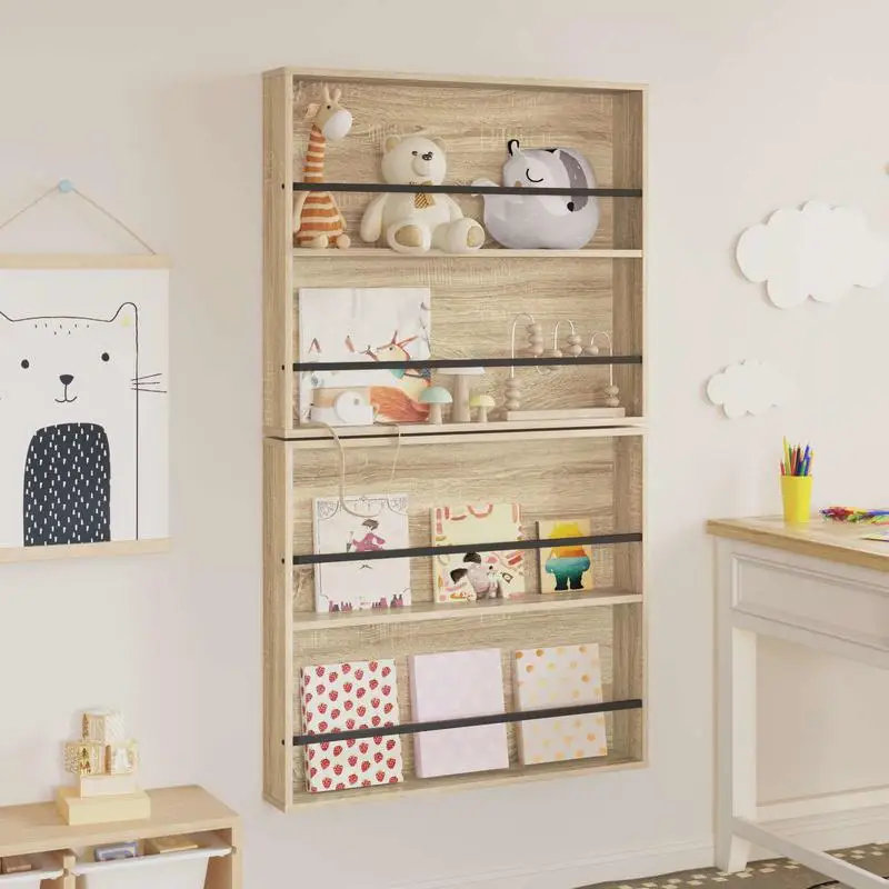 Zeitschriftenhalter für die Wand 80 x 12 x 70 cm, aus robustem braunem Holz, verstellbare Regale, modernes minimalistisches nordisches Design, praktischer Organizer für Wohnzimmer, Home-Office,