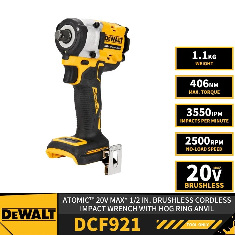 DEWALT DCF921 ATOMIC™ 1/2in Brushless Cordless Impact Wrench With Hog Ring Anvil 20V Lithium Power Tools