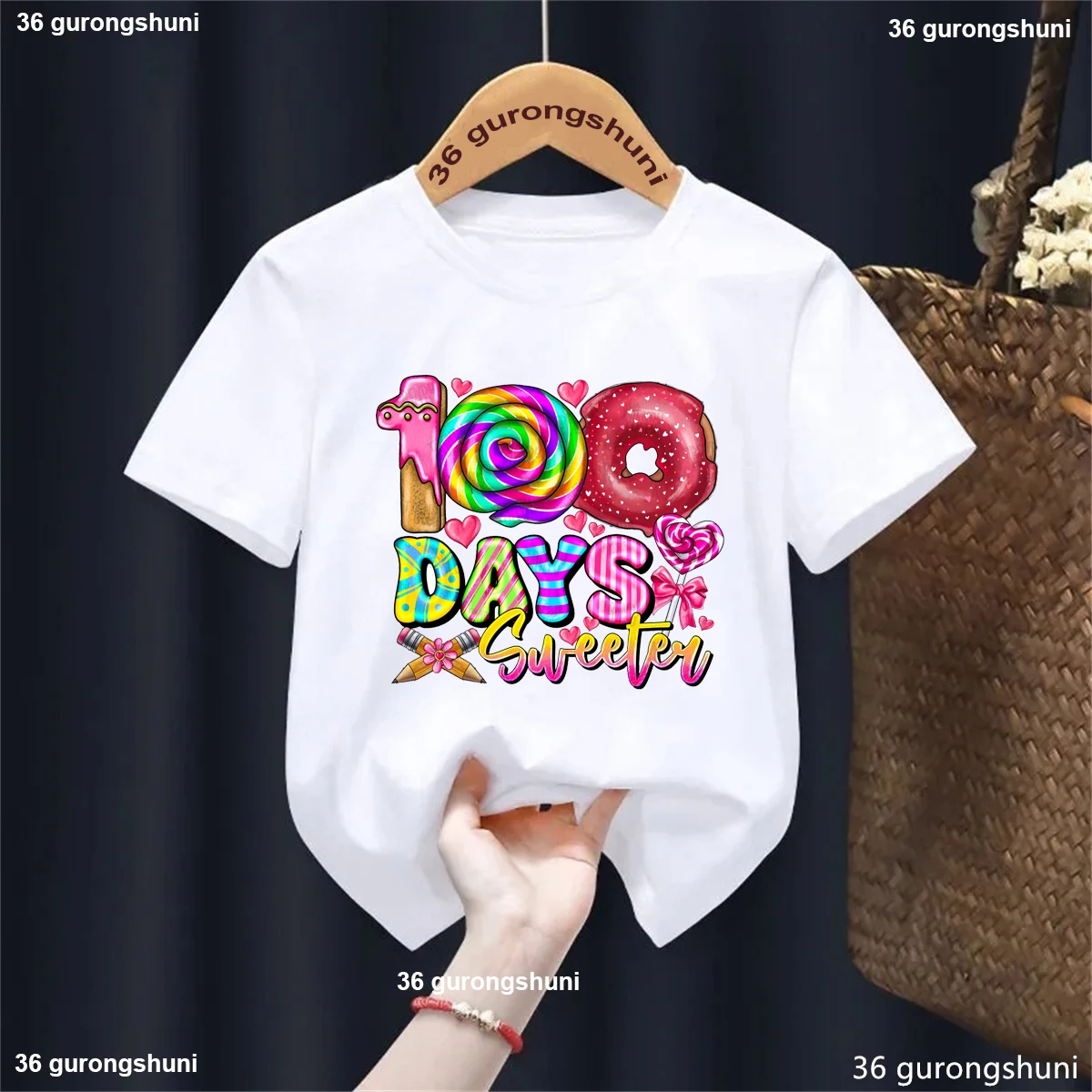 

Rainbow 100 Days Sweeter Lollipop School Letter Printed Tshirt Girls Funny Kawaii Pencil Kids Clothes White/Pink/Blue T-Shirt