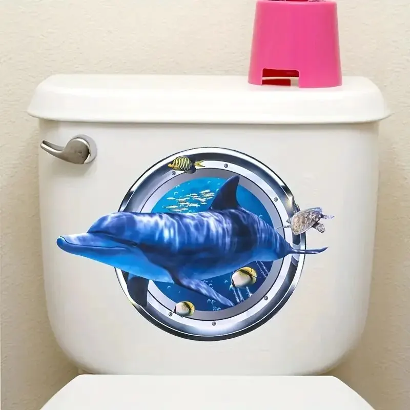 1pc 3D Dolphin Diving Mirror Toilet Toilet Sticker Cartoon Bathroom Decoration Sticker for Self-Adhesive Wall Decoration Sticker