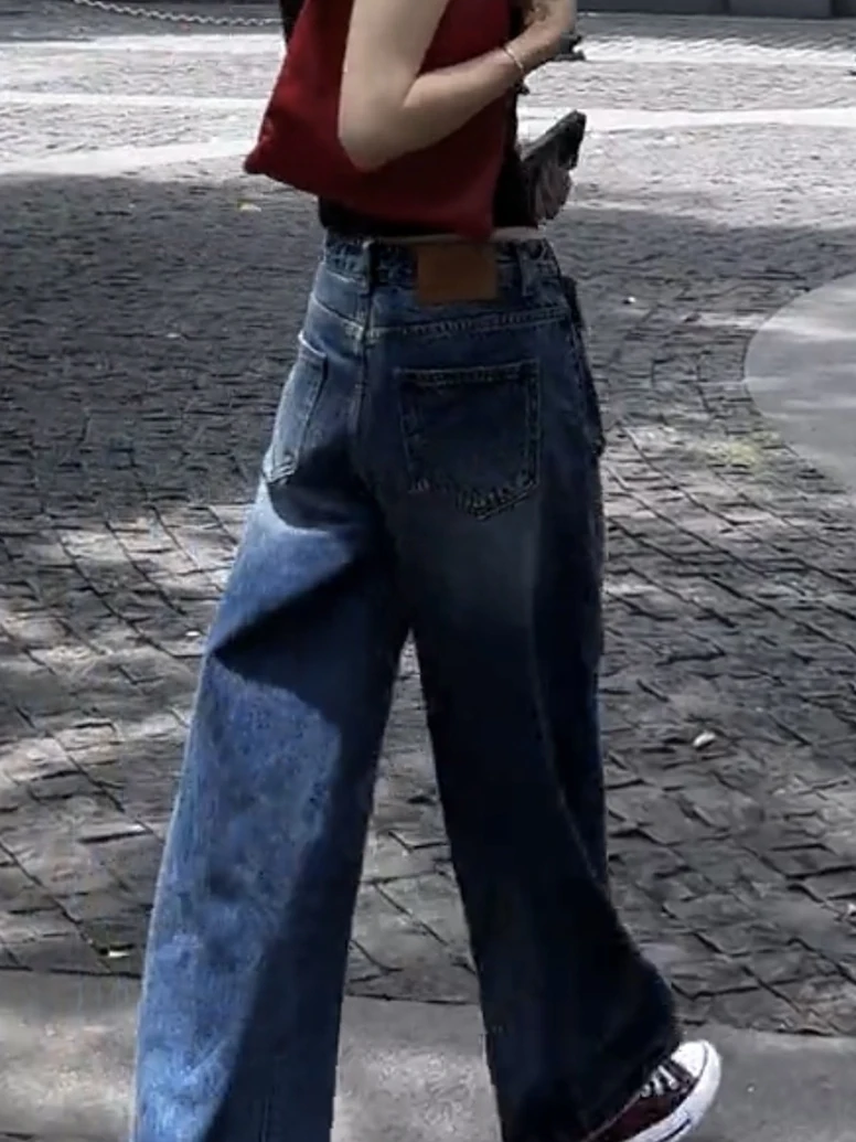 High Waist Wide Leg Denim Jeans Women's plus Size Loose Pants American High Street Retro Straight Long Trousers