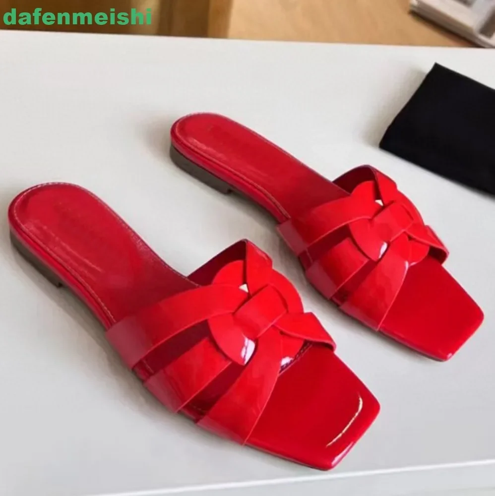 Cross Genuine Leather Women Slippers Square Toe Slip On Open Toe Flat Sandals Patent Leather Fashion 2025 Summer Sandal Slides