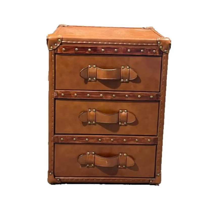 Vintage leather suitcase side table, American vintage leather decoration sofa, bedroom bedside table