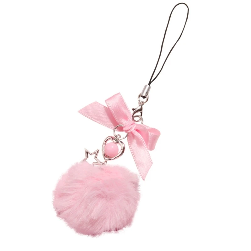 Vibrant Furry Ball Pendant Keychain Ribbon Bowknot Adorned Phone Strap Lanyard