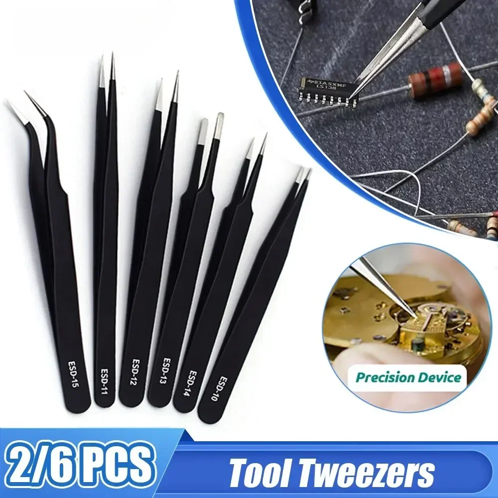 Hand Tools ESD Anti-Static Stainless Steel Tweezers Precision Maintenance Industrial Electronic Repair Tool Home Model Making
