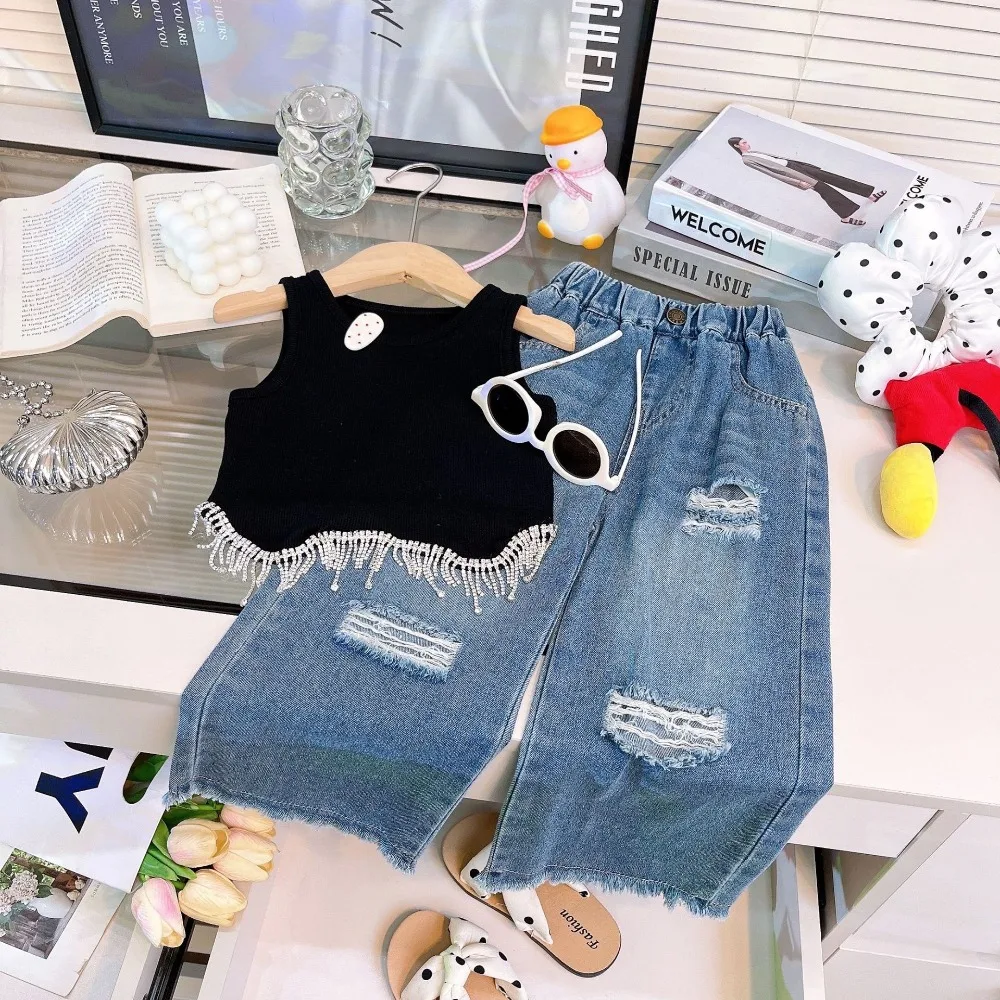 

New Arrival Toddler Girl Fringe Vest Stylish Distressed Denim Trousers Casual Suit for 100-140cm