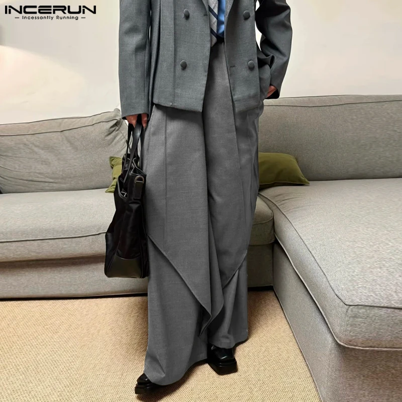 INCERUN Men Pants Solid Color Elastic Waist Joggers Casual Wide Leg Trousers Men Streetwear Loose 2025 Fashion Irregular Pants