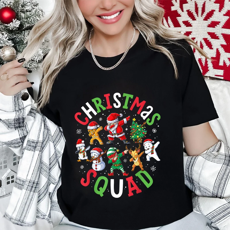 Christmas Squad Crew T Shirt Women Party Tops with Christmas Hats Fashion Santa Claus Graphic Xmas T-shirts Short Sleeve Tees