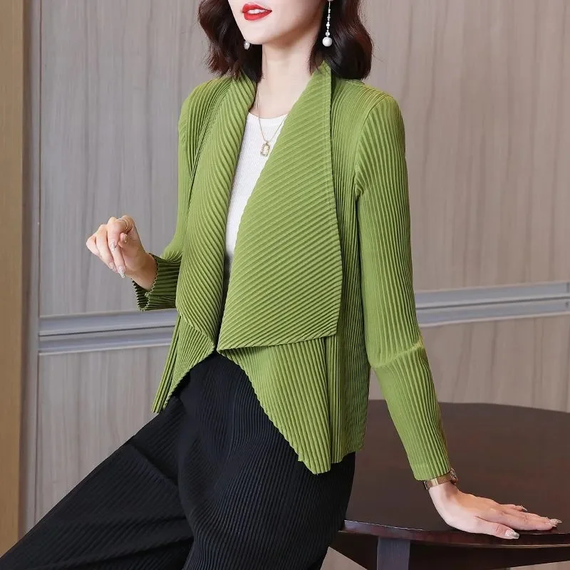 

Ladies Elegant Pleated Loose Casual Fashion Plus Size Spring and Autumn new Solid Color Lapel Shoulder Long Sleeve Cardigan Coat