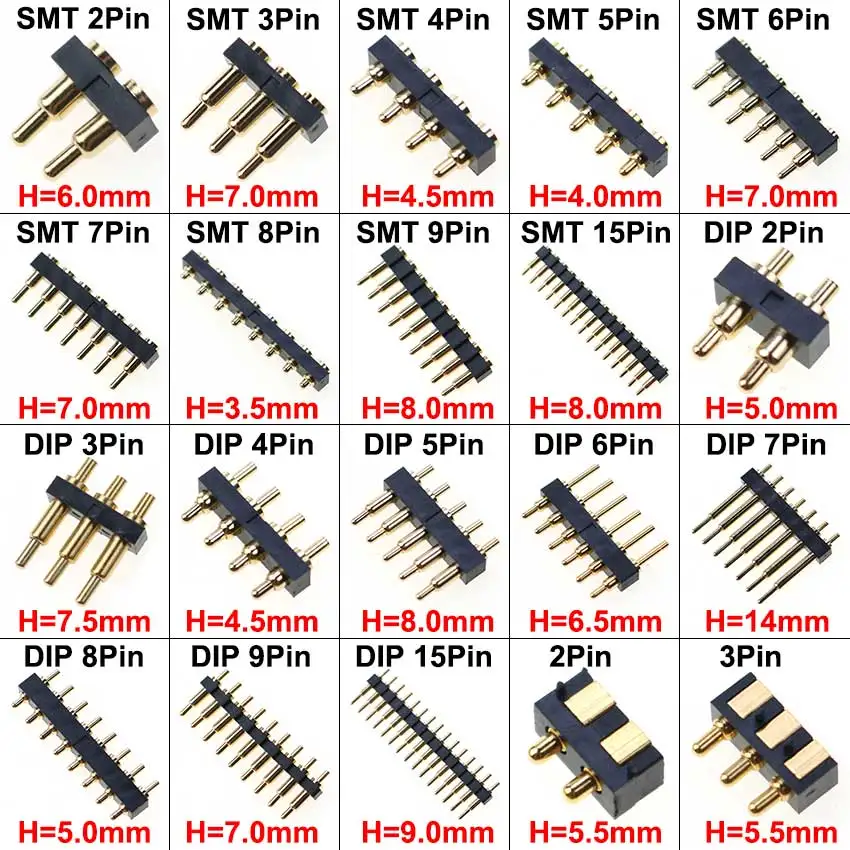 1pcs 2.54mm Pitch Pogo Pin Connector Pogopin Spring Loaded Contact DIP/SMT Single Row 2Pin 3Pin 4Pin 5Pin 6Pin 7Pin 8Pin 9 15Pin