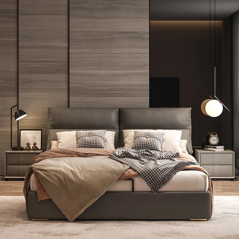 

Leather Italian Bed Luxury Aesthetic Modern Bedroom Bed Double Headboard Cama De Lujo Para Dormitorio Bedroom Furniture