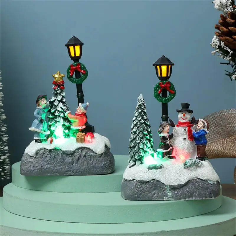 LED Christmas Village Ornaments Microlandscape Resin Figurines Decoration Santa Claus Pine Needles Snow View Holiday Gift