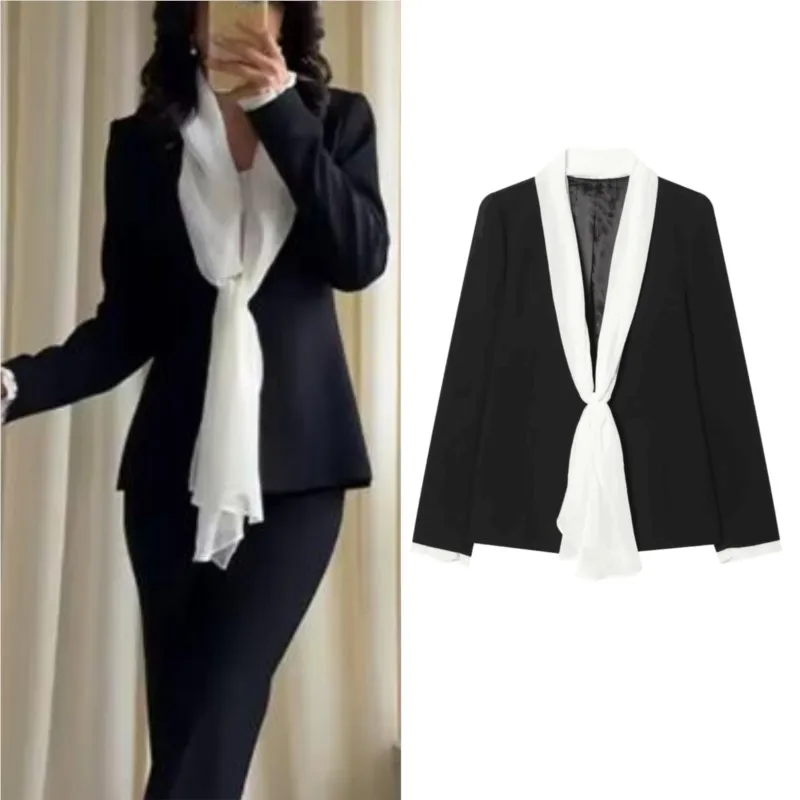 Women's Scarf Contrast Blazer 2026 Spring New Fashion V-neck Long Sleeve Coats Casual  Female Office Outwears