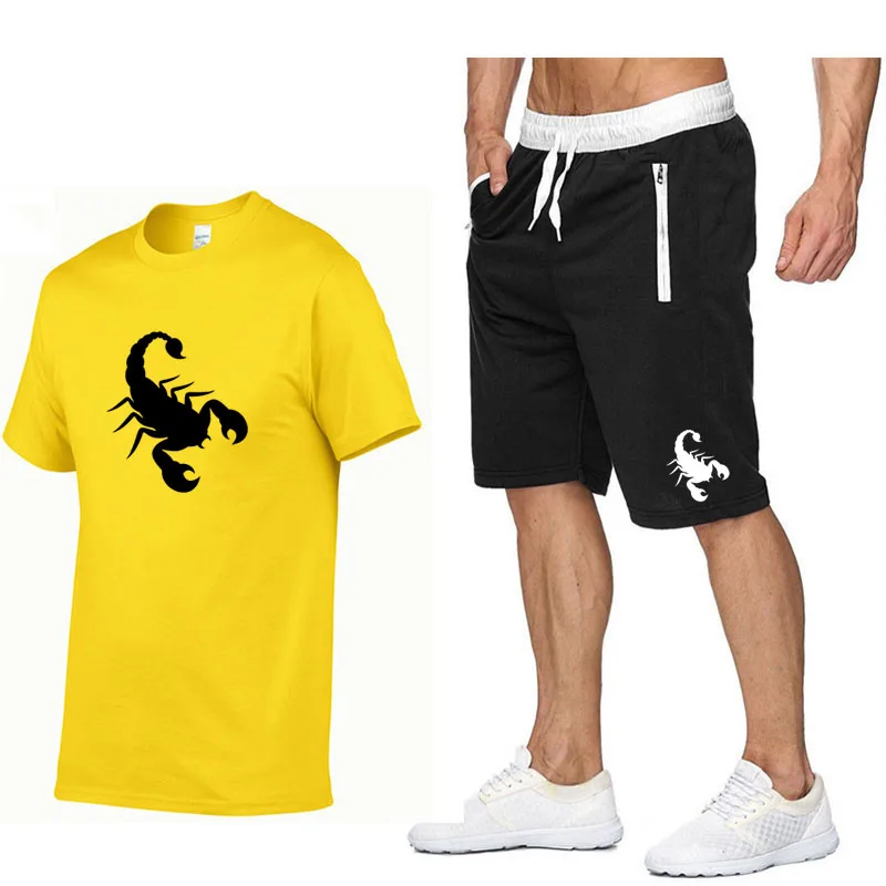 Summer Scorpion Printed Tshirt Shorts 2 Piece Set Men Cotton Short Sets Men Gym Sport Suits Jogging Suits Casual Streetswear