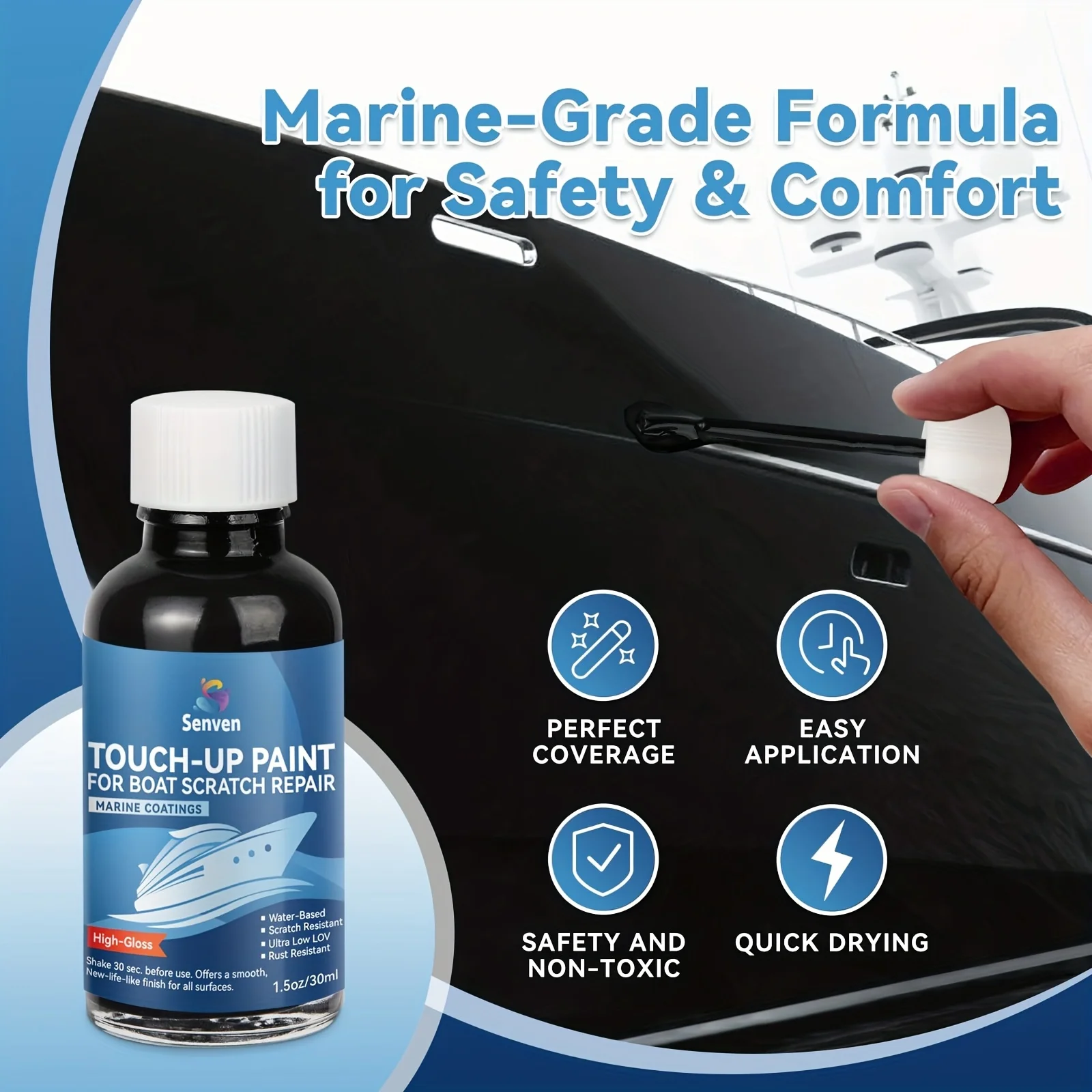 Boat Paint Black Touch Up Pen High-Gloss Boat Scratch Repair Marine Topside Bottom Enamel Marine Repair for Boat,Fiberglass,30ml