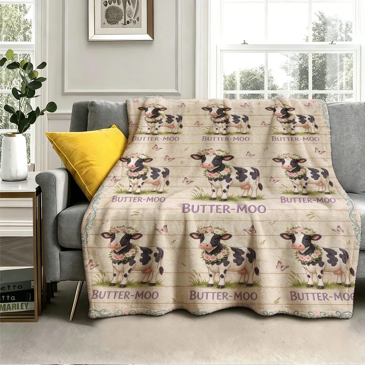 Butter Moo Cow Repeat Frame Flannel Blanket Warm Soft Halloween Christmas Decorative Couch Warm Cozy All-Season Gift