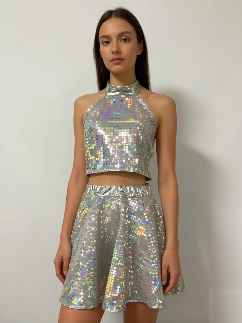 Holographic Silver Sequin Disco Outfit - Halter Crop Top + Flared Midi Skirt with LED Lights, Futuristic Rave Dance Costume