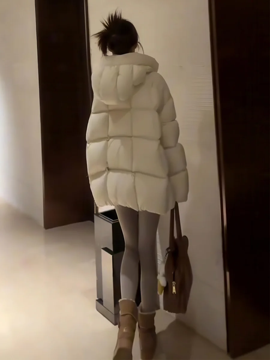 

Korean Sle Cloud Puff Women's down Jaet Thi Warm Long Coat Loose Fit Detachable Hood White Du down Daily Wear