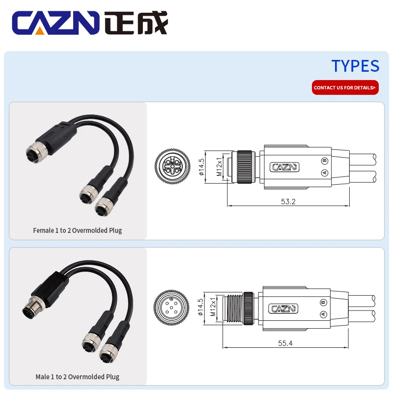 Factory 1 Meters M12 Splitter 2 3 4 5 6 8 12 Pins Male to Female Adapter Connector Sensor Actuator Moulded Cables PVC PUR