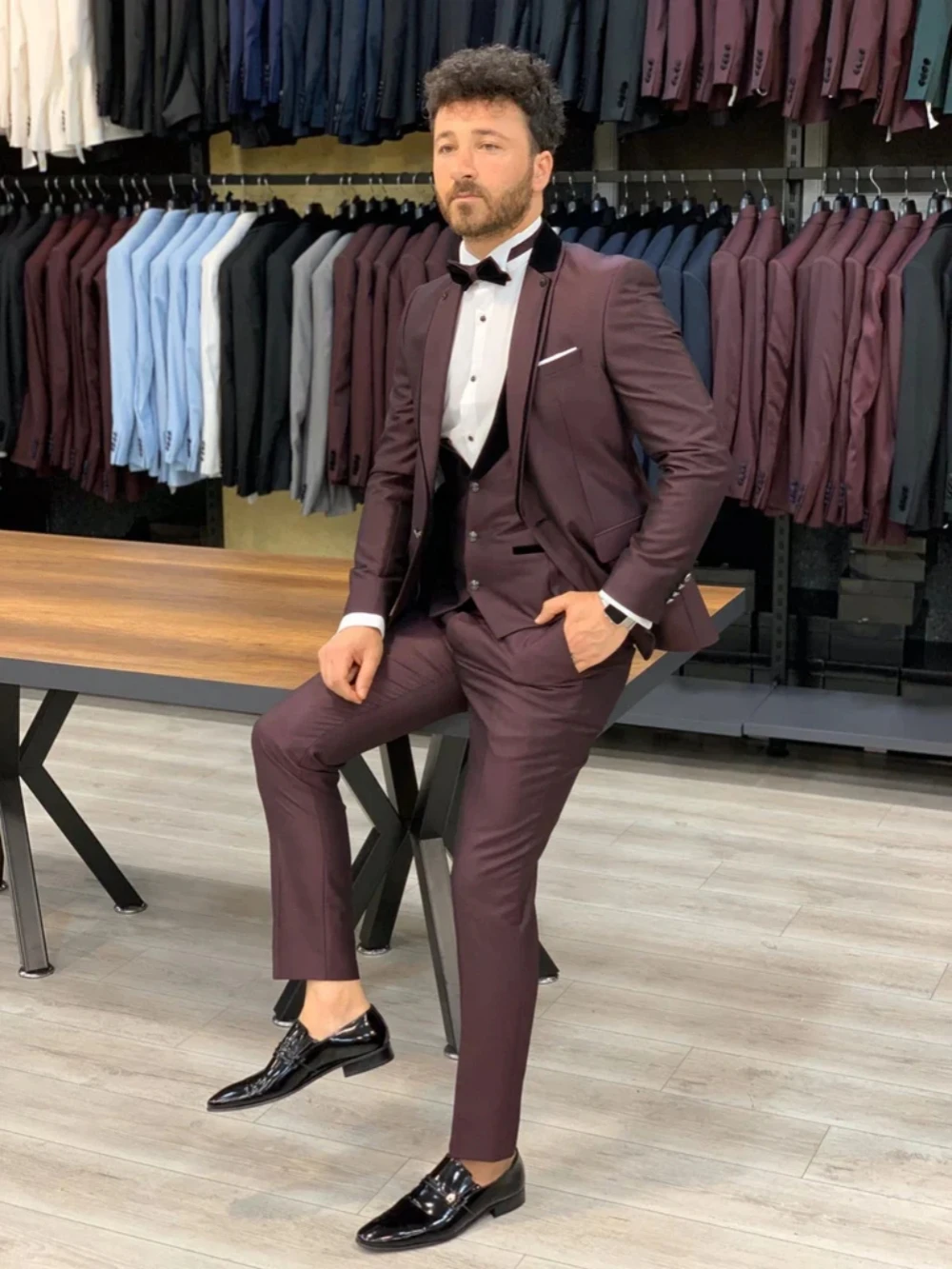 Wine Red Suit Set 3 Pieces For Men Banquet Party Wear,Spring Autumn Men's Slim Fit Tuxedo Dancing Sets,2026 Newest Man Suits