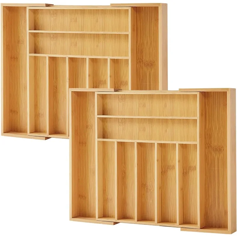 Organizador de vajilla de bambú, cajón de cocina expandible y organizador de utensilios, bandeja de cubiertos de 17 "x 19,75", 2 paquetes