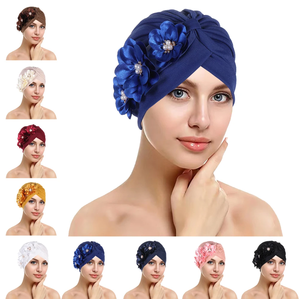 Trendy Forehead Crossed Satin Flower Hijab Cap Pearl Decor Big Flower Bonnet Women Muslim Turban Hat Turkish Headscarf Undercap