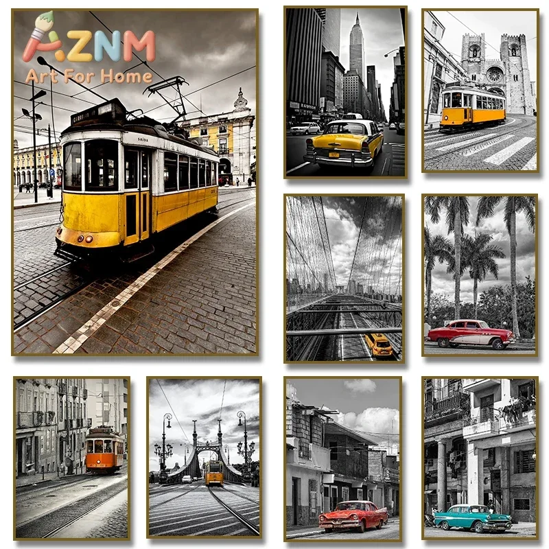 Yellow Taxi NYC Lisbon Retro Tram Portugal Classic Car Poster Black and White Canvas Painting Print Wall Living Room Home Decor