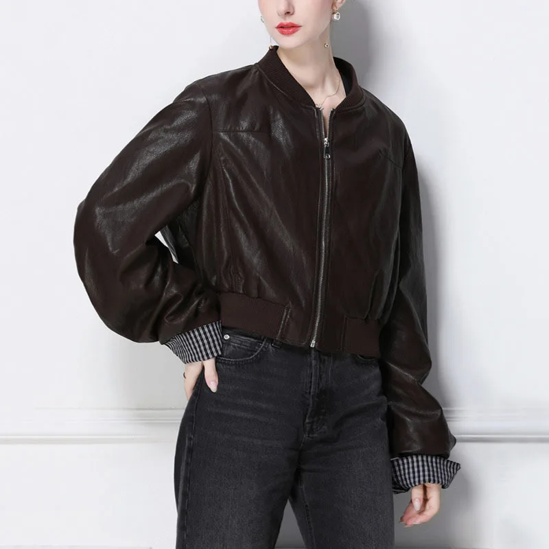 HKSH Frühling Herbst Neue Frauen Kurze Jacke PU Leder Stehkragen Zipper Manschette Plaid Streetwear Fashion Elegante Chic Mantel HK13450