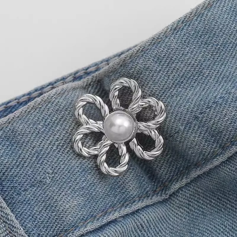 2set Reusable Metal Buttons Pearl Flower Snap Fastener Pants Pin Retractable Button Sewing-on Buckles for Jeans Fit Reduce Waist