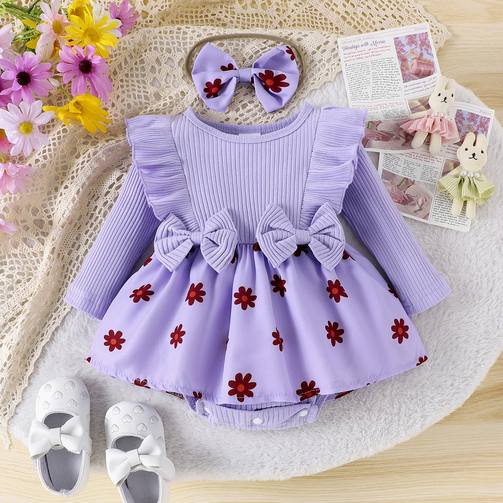 

Autumn New Style, Sweet And Cute, Bow Bow, Pit Strip, Flower Print, Round Collar Dress + Same Headband