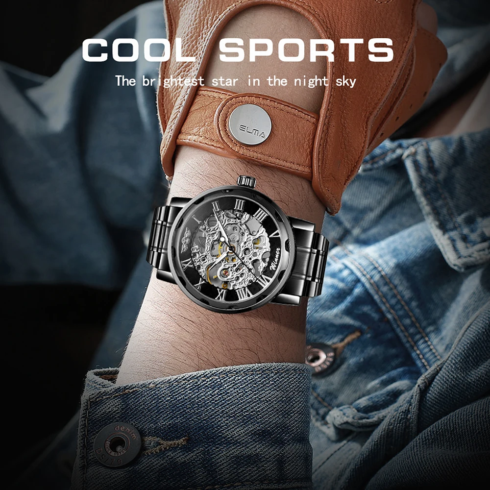 2024 Cool Black Sports Stainless Steel Skeleton Mechanical Watch for men High End Luxury Luminous Male Wristwatches reloj hombre