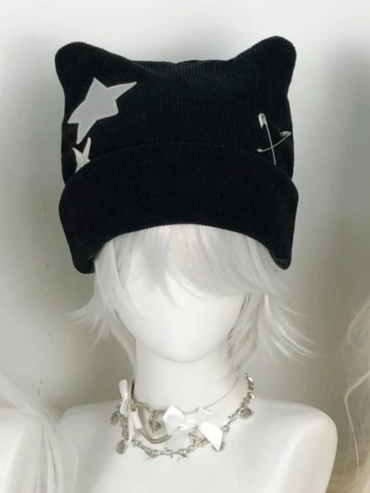 Y2k Aesthetic Knitted Kawaii Cute Cat Ears Hat Autumn Winter Sweet Star Warm Bucket Hats Harajuku Vintage Cap Japanese All Match image 5