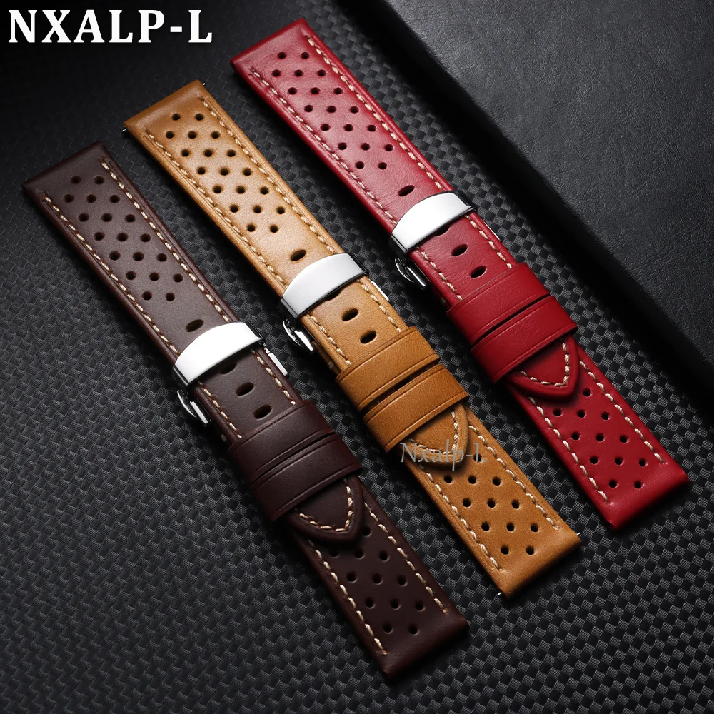 Universal Genuine Watch Band 18 20mm 22mm 24mm Butterfly Buckle Vintage Oil Wax Cowhide Strap for Men Women Breathable Bracelet
