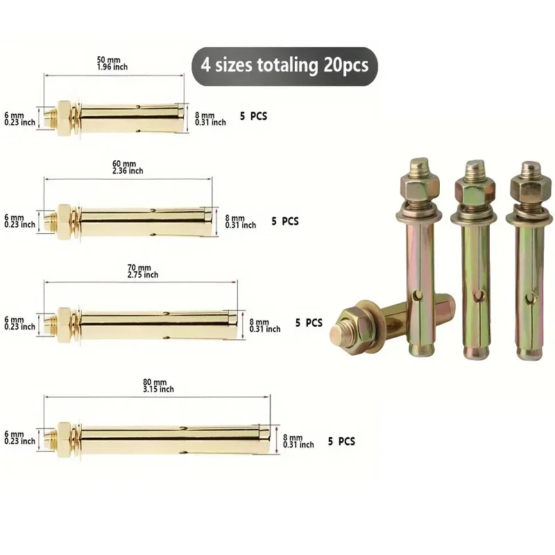 20pcs M6 Expansion Screw Expansion Bolt Anchor Sleeve Concrete Anchor Expansion Bolt Deceleration Strip of Extension Cone