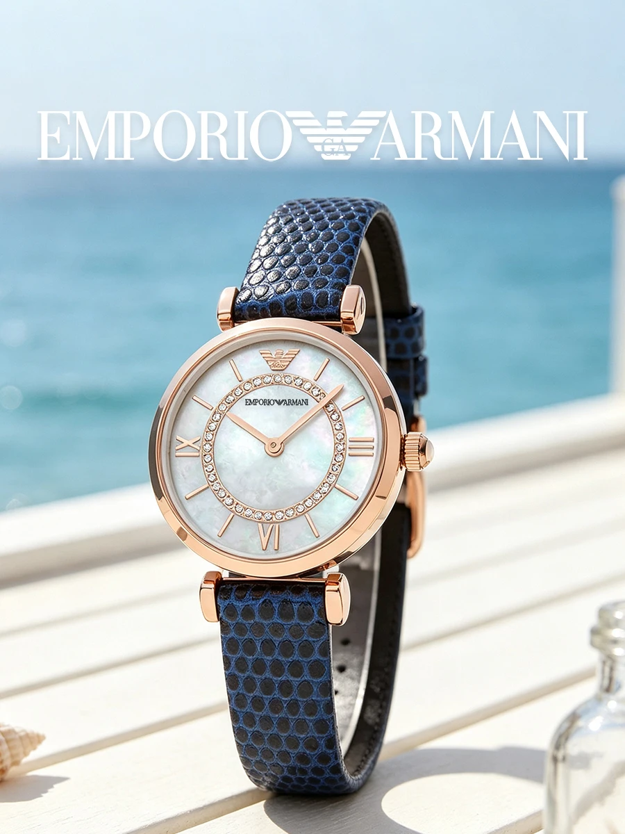 AR11468 Emporio Armani Women's Quartz Watch Rose Gold Case Blue Leather Strap Crystal Bezel Mop Roman Dial Elegant Dress Watch