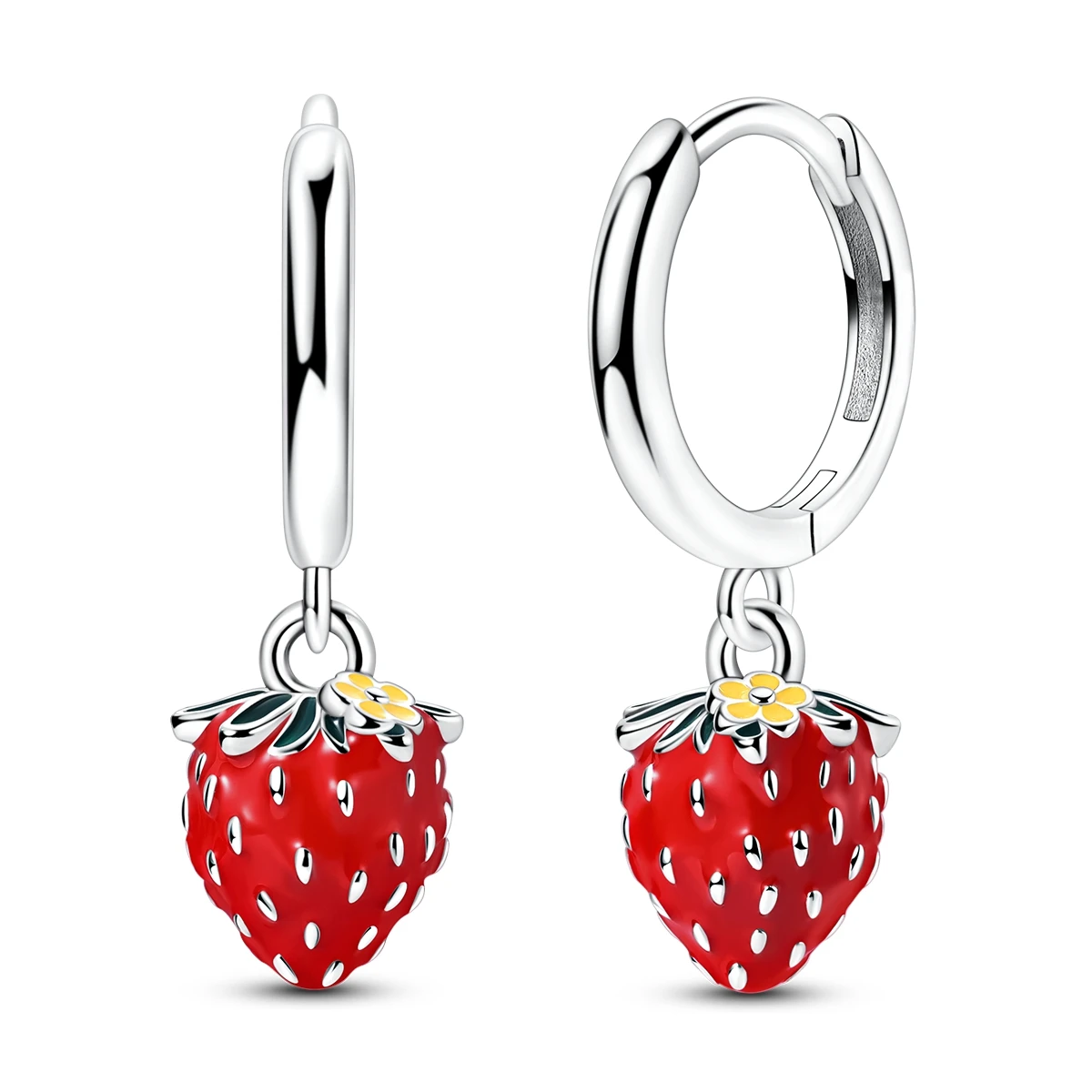 Pendientes Colgantes de Plata de Ley 925 con Esmalte Rojo de Fresa, Aros con Circonitas Cúbicas de Frutas Lindas para Mujer, Joyería para Uso Diario