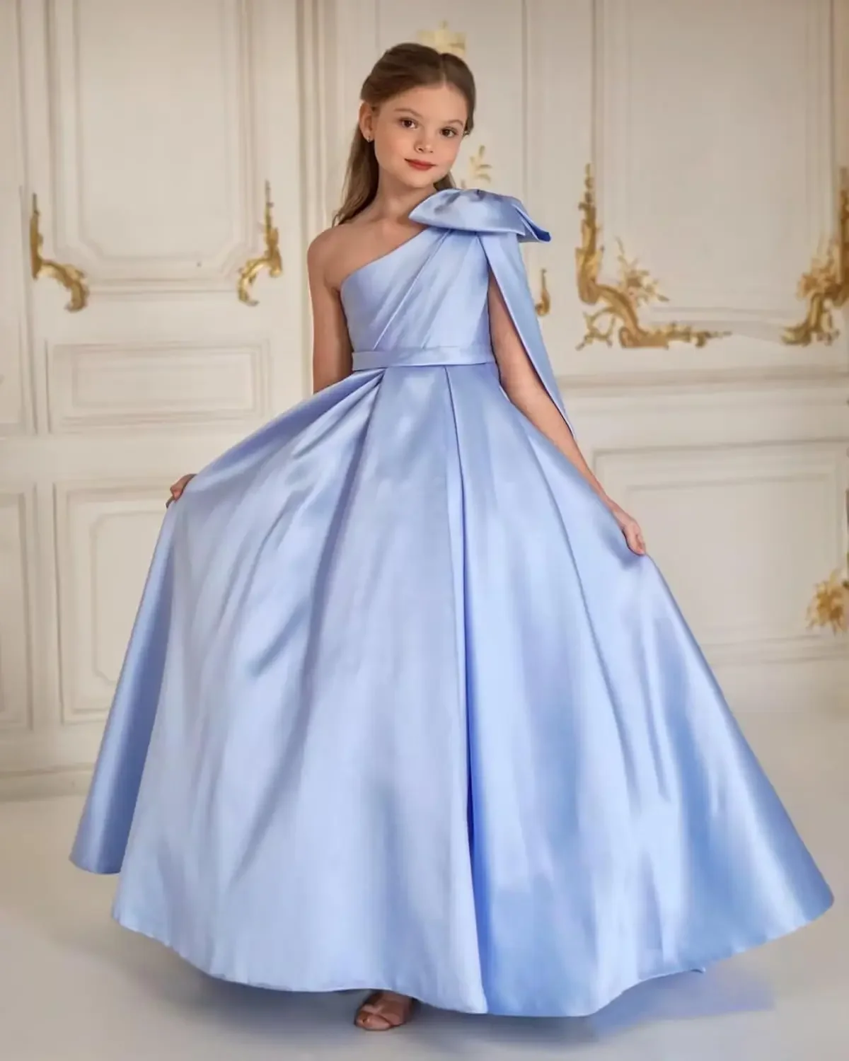 One Shoulder Satin Flower Girl Dresses Long Pageant Dresses for Girls Ball Gown with Bow princess dress  party dresses