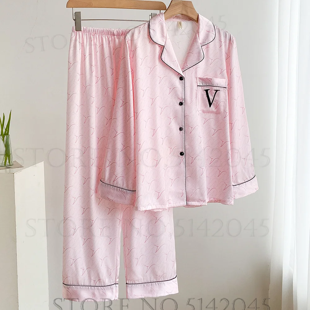 Female Pajamas Trouser Suit Blue Print Long Sleeve Pijamas Sleepwear Spring Summer Silky Satin Lounge Wear Loose Casual Homewear