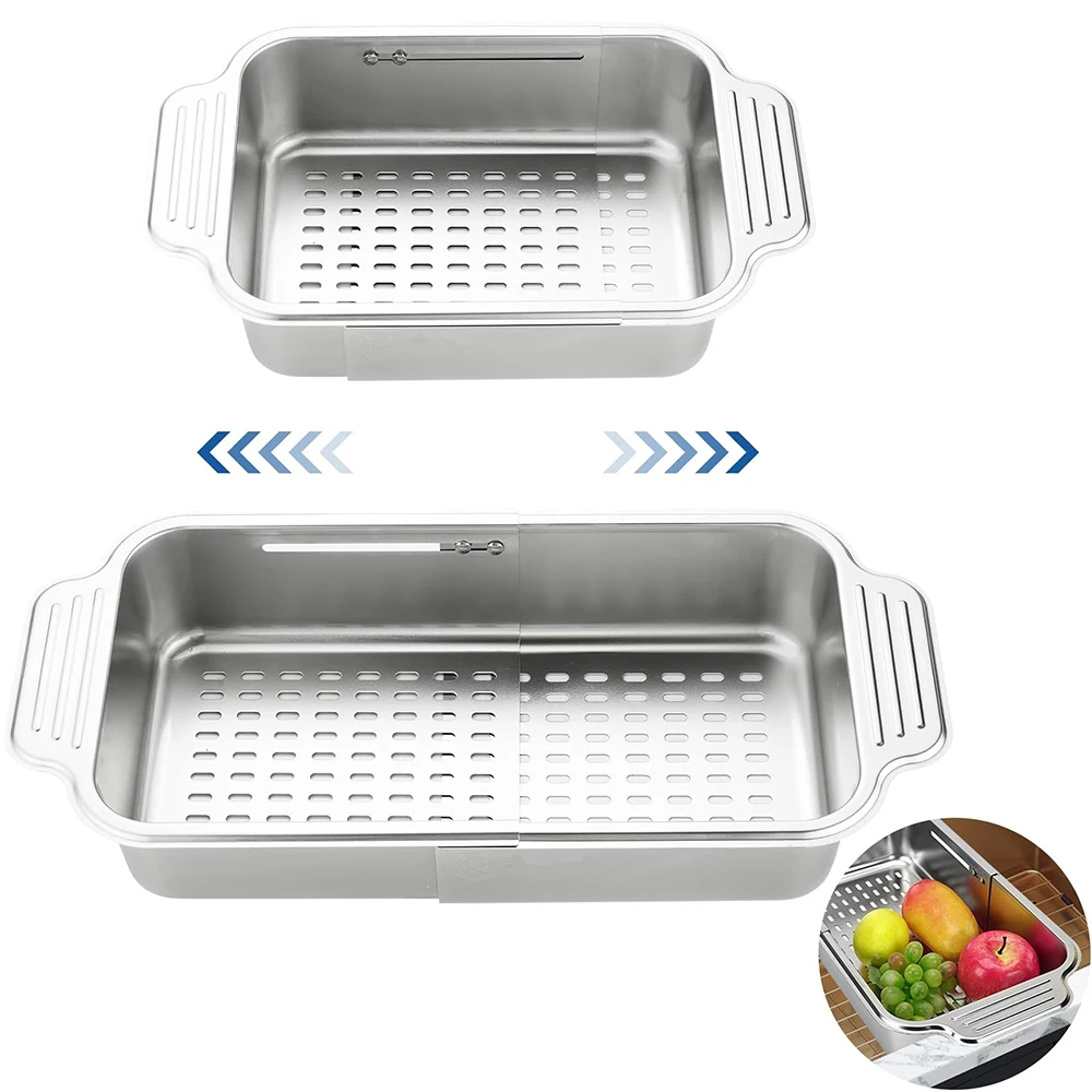 LMETJMA Expandable Sink Colander Stainless Steel Sink Dish Drying Rack Kitchen Drainer Basket Drain Tray Sink Organizer JT318