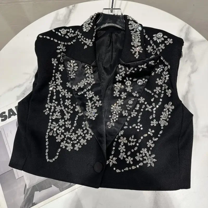 Heavy Industry Handmade Beaded Suit Vest Rhinestone Shoulder Pads Sleeveless Lapel One Button Short Jacket Ladies Coat