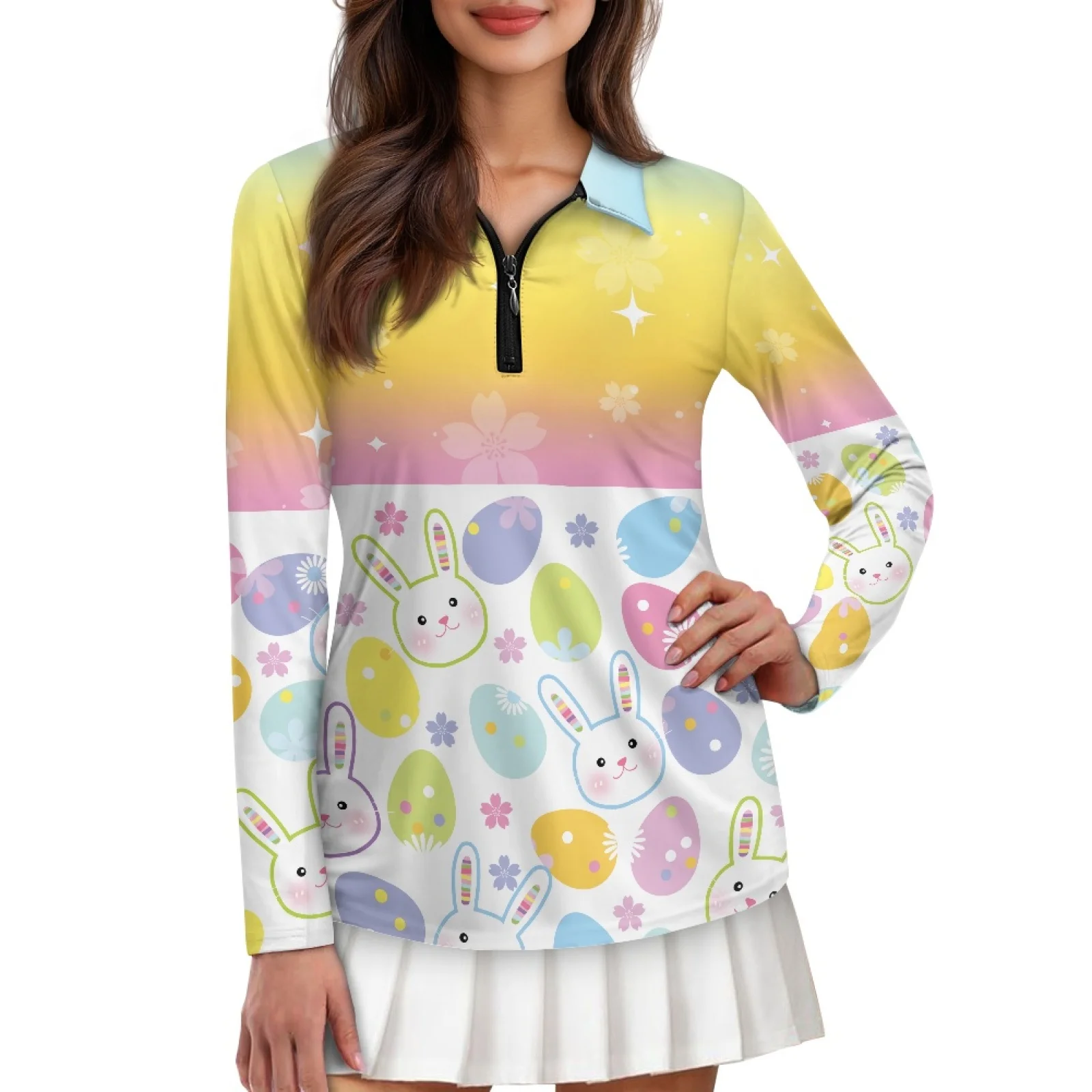 PENSTROLL Easter Bunny Egg Womens Stretchy Tennis Polo Shirts Breathable Golf Apparel Clothes for Casual